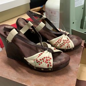 Sandals . Little red roses on them .